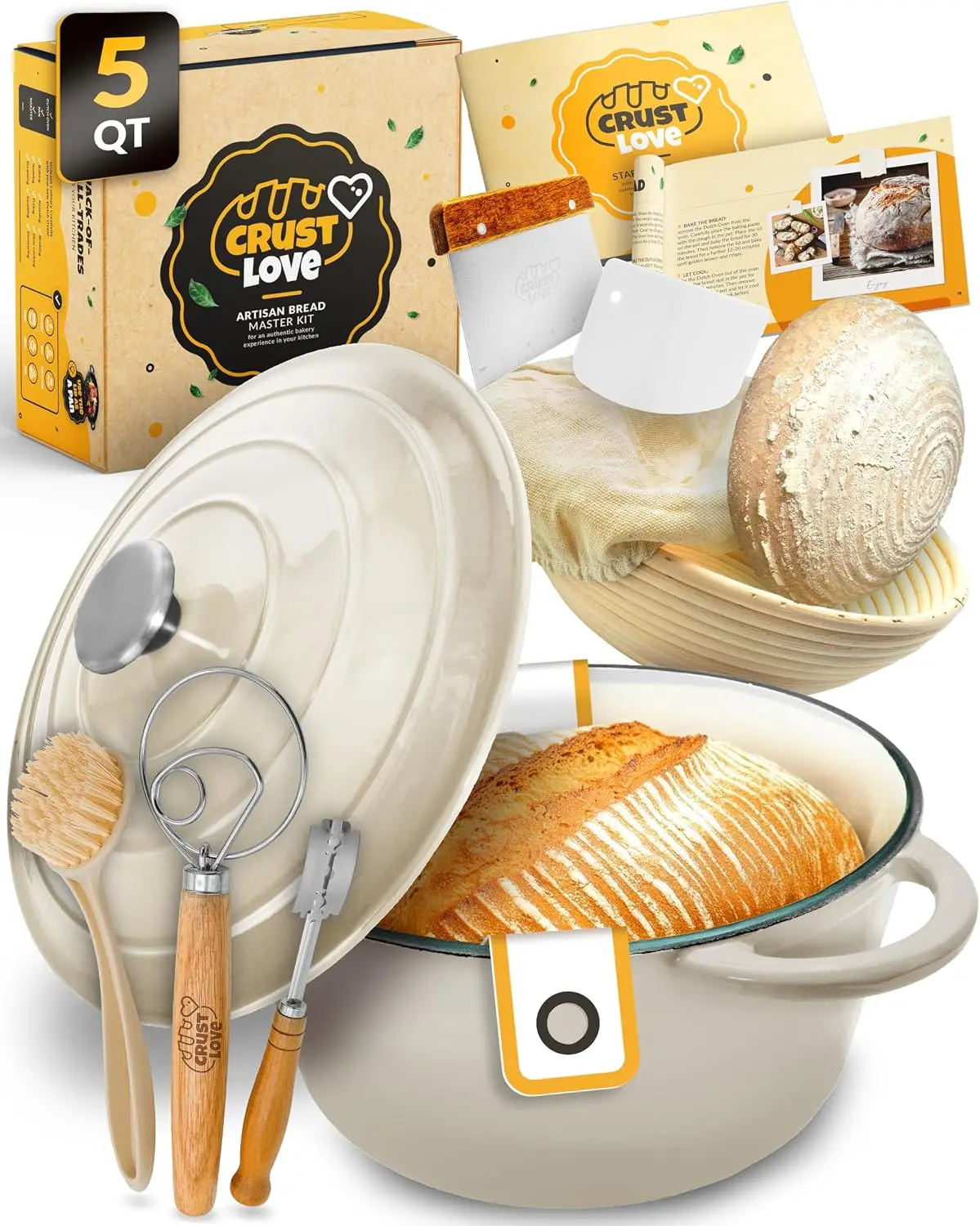 Dutch Oven for Bread Baking - 5QT Enameled Cast Iron with Lid, Baking Pan, Banneton Basket, Scoring Lame, Sourdough Supplies
Dutch Oven for Bread Baking - 5QT Enameled Cast Iron with Lid, Baking Pan, Banneton Basket, Scoring Lame, Sourdough Supplies