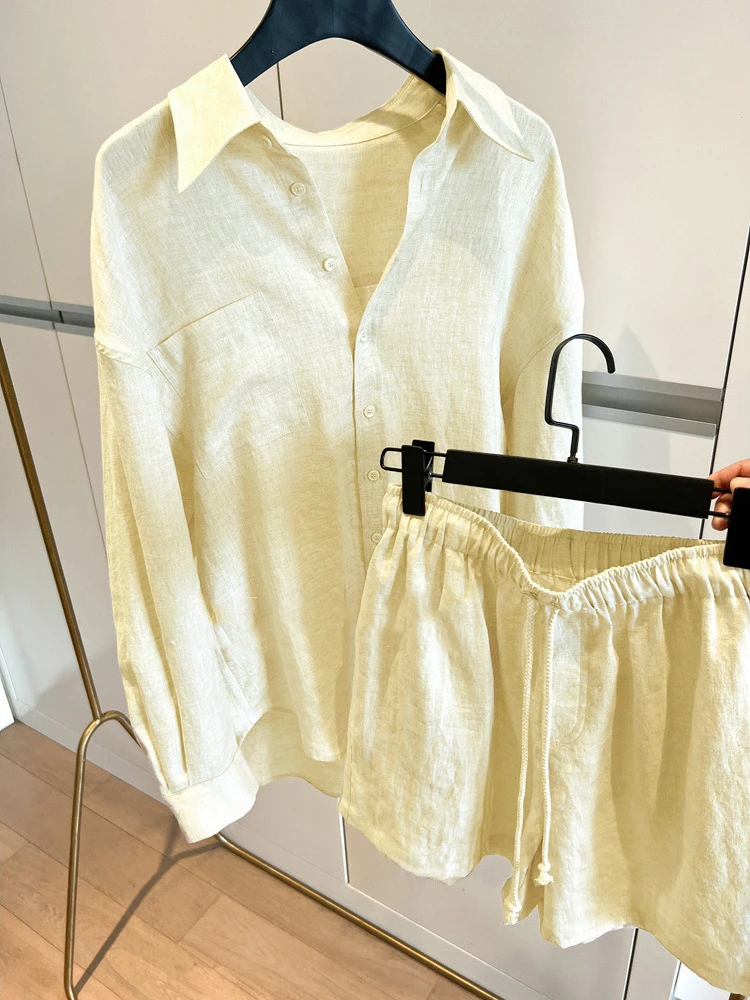 Women's Long Sleeve Suit Shirt And Short Sets Solid Color Casual Cotton And Linen Blouse And Shorts Two Piece Sets Women Outfit
Women's Long Sleeve Suit Shirt And Short Sets Solid Color Casual Cotton And Linen Blouse And Shorts Two Piece Sets Women Outfit