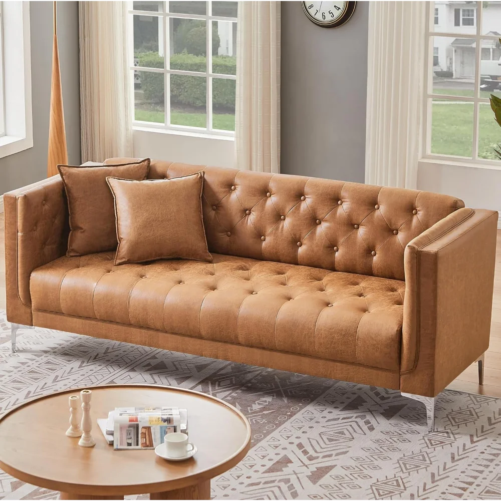 79" W Brown Faux Leather Sofa Couch with 2 Pillows, 3 Seater Couches for Living Room
79" W Brown Faux Leather Sofa Couch with 2 Pillows, 3 Seater Couches for Living Room