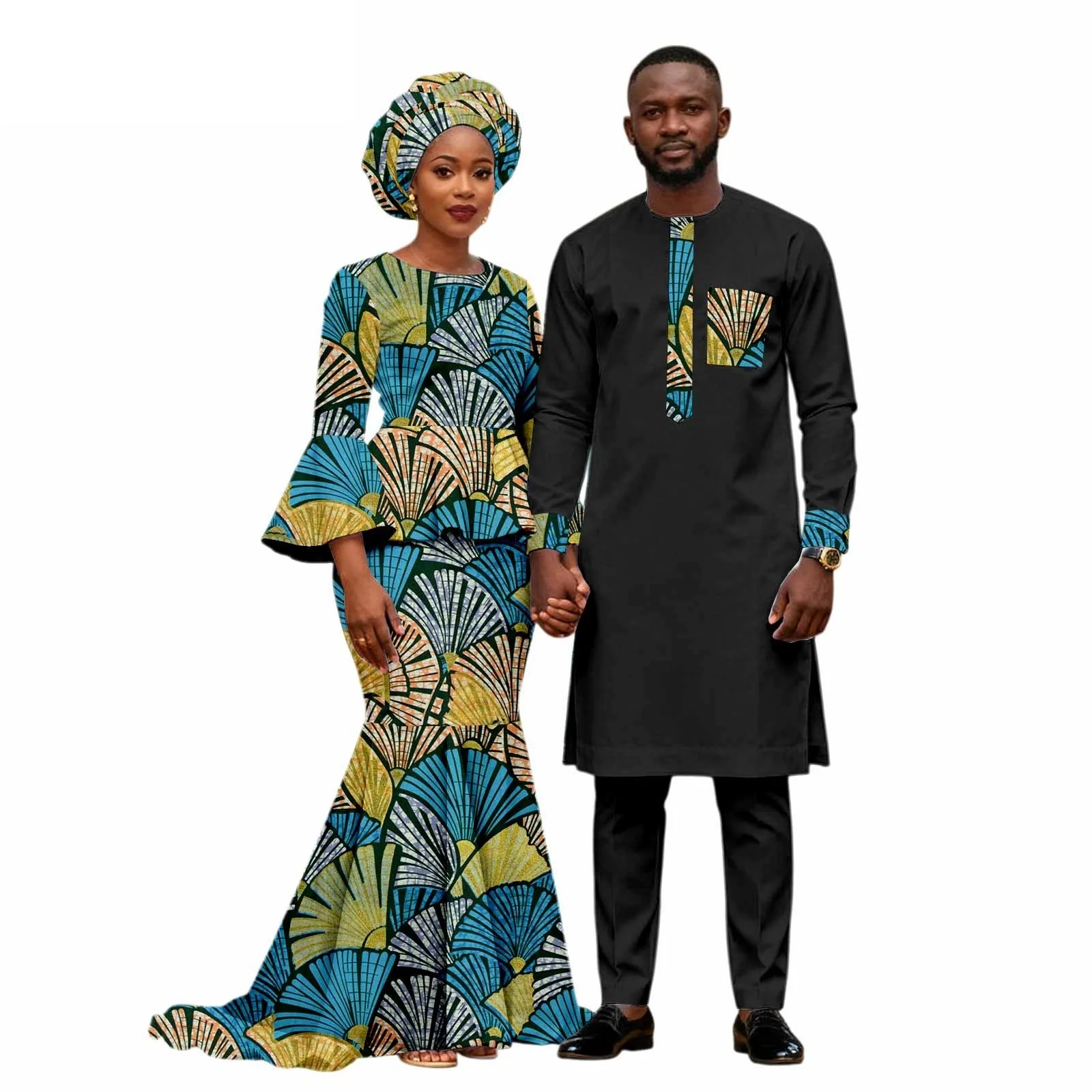 African Print Mermaid Dress Set for Women with Headwrap Matching Men's Outfits Couple Top And Pants Ensemble
African Print Mermaid Dress Set for Women with Headwrap Matching Men's Outfits Couple Top And Pants Ensemble