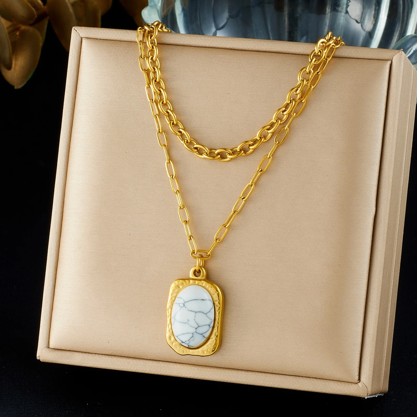 18K Gold White Turquoise Rectangle Pendant Necklace 316L Stainless Steel Double Layer Paperclip Chain Vintage Women Jewelry Gift
18K Gold White Turquoise Rectangle Pendant Necklace 316L Stainless Steel Double Layer Paperclip Chain Vintage Women Jewelry Gift