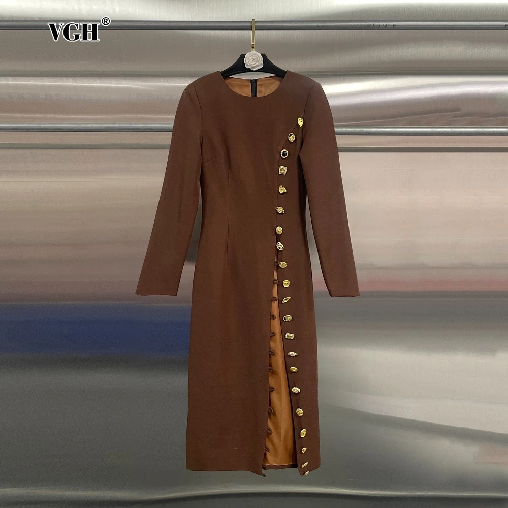 VGH Retro Temperament Patchwork Metal Buttons Dresses for Women O Neck Long Sleeve High Waist Elegant Midi Dress Female Style 
VGH Retro Temperament Patchwork Metal Buttons Dresses for Women O Neck Long Sleeve High Waist Elegant Midi Dress Female Style