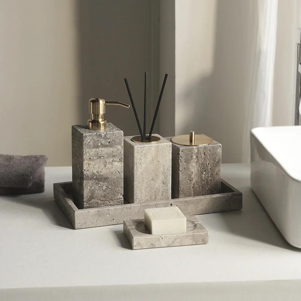 Grigio Travertino Bathroom Accessories Sets Vintage Marble Soap Holder Soap Dispenser Vanity Tray Bathroom Set
Grigio Travertino Bathroom Accessories Sets Vintage Marble Soap Holder Soap Dispenser Vanity Tray Bathroom Set