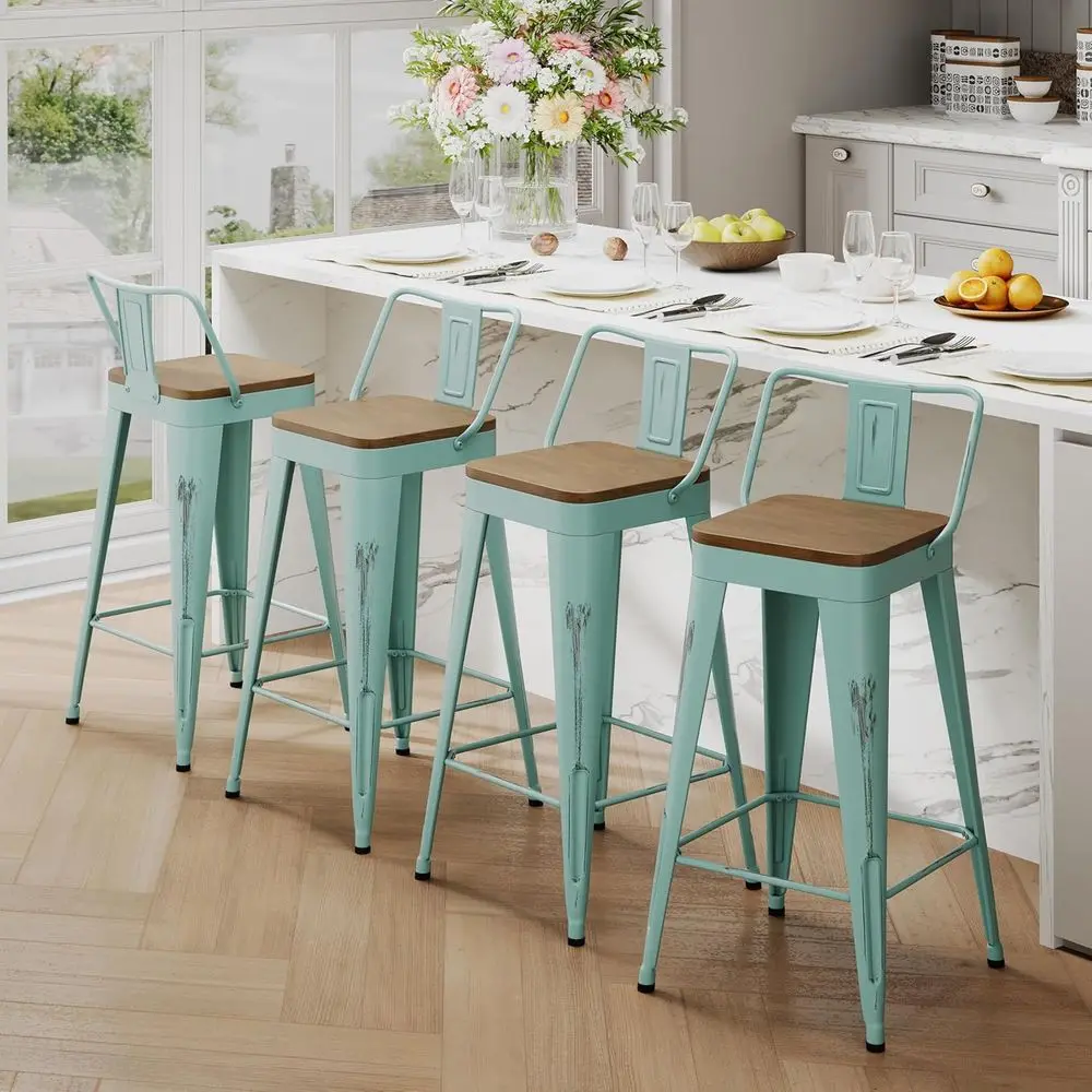 Set of 4 Industrial Style Metal Counter Height Bar Stools with Wooden Seats, 24 Inch, Distressed Green Blue
Set of 4 Industrial Style Metal Counter Height Bar Stools with Wooden Seats, 24 Inch, Distressed Green Blue