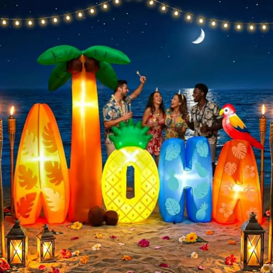 Outdoor luau party inflatable sign with palm tree and pineapple design, PVC material, vibrant tropical colors, built-in LED lig
Outdoor luau party inflatable sign with palm tree and pineapple design, PVC material, vibrant tropical colors, built-in LED lig