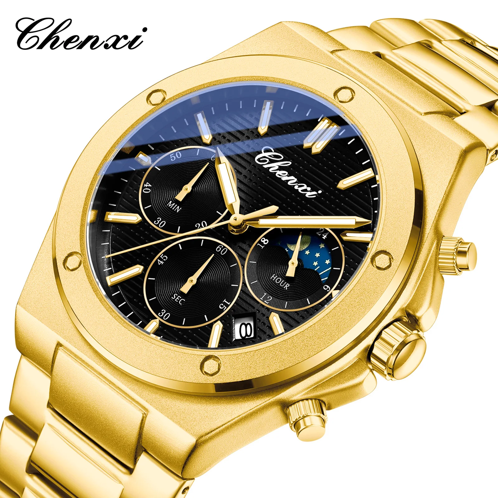 Reloj Hombre Luxury Gold Man Wrist Watch Fashion Chronograph Moon Phase Date Display Luminous Quartz Men's Watches High Quality
Reloj Hombre Luxury Gold Man Wrist Watch Fashion Chronograph Moon Phase Date Display Luminous Quartz Men's Watches High Quality