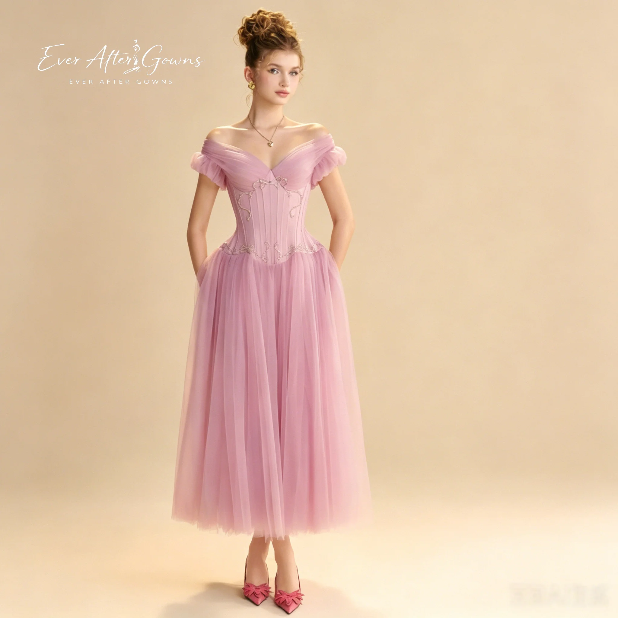 Ever After Gowns Pink Off Shoulder Corset Tulle Midi Dress Puff Sleeve Beaded A Line Formal Bridesmaid Evening Gown
Ever After Gowns Pink Off Shoulder Corset Tulle Midi Dress Puff Sleeve Beaded A Line Formal Bridesmaid Evening Gown