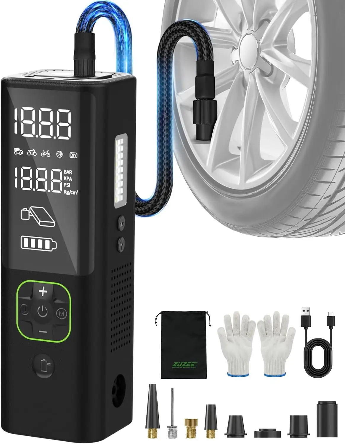 Portable Tire Inflator Air Compressor, 150PSI with HD Display for Car, Moto, Bike Tires and Balls
Portable Tire Inflator Air Compressor, 150PSI with HD Display for Car, Moto, Bike Tires and Balls