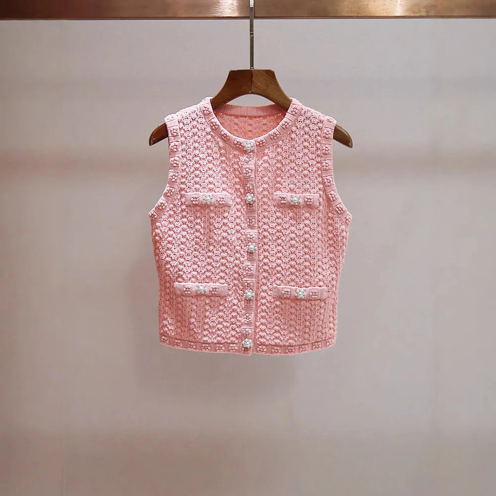 High-End Women's Summer Knitted Vest Single-Button Hollow out Bead Flower Pink Fashionable Cardigan Style Polyester Fiber
High-End Women's Summer Knitted Vest Single-Button Hollow out Bead Flower Pink Fashionable Cardigan Style Polyester Fiber