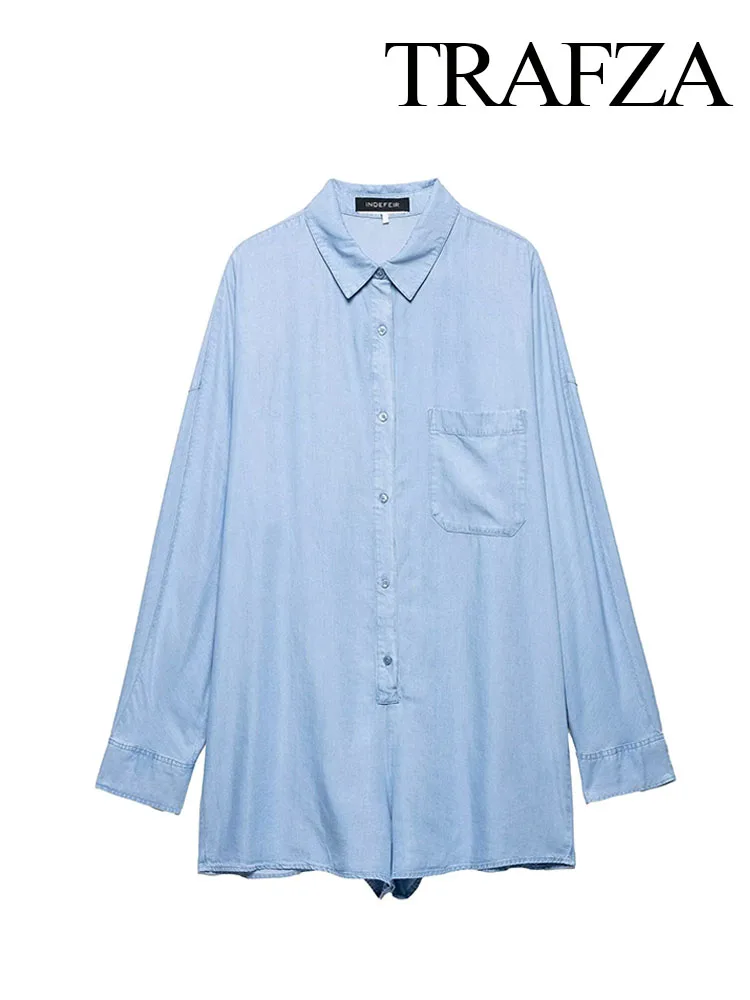 TRAFZA Women Summer Casual Loose Playsuits Blue Turn-Down Collar Long Sleeves Pocket Single-Breasted Women's Fashion Jumpsuits
TRAFZA Women Summer Casual Loose Playsuits Blue Turn-Down Collar Long Sleeves Pocket Single-Breasted Women's Fashion Jumpsuits