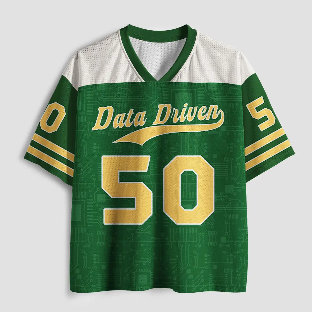 VNeck Mesh Football Jersey Circuit Board Background Number 50 Data Driven Letter Print Green Gold Striped Sleeve Loose Sport Tee
VNeck Mesh Football Jersey Circuit Board Background Number 50 Data Driven Letter Print Green Gold Striped Sleeve Loose Sport Tee