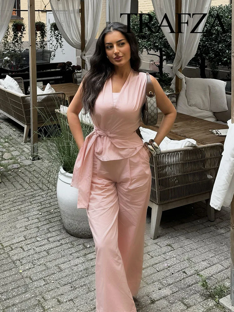 TRAFZA Women Summer Fashion Suits Pink V Neck Sleeves Bow Decorate Zipper Asymmetrical Tops+High Waist Zipper Wide Leg Pants
TRAFZA Women Summer Fashion Suits Pink V Neck Sleeves Bow Decorate Zipper Asymmetrical Tops+High Waist Zipper Wide Leg Pants