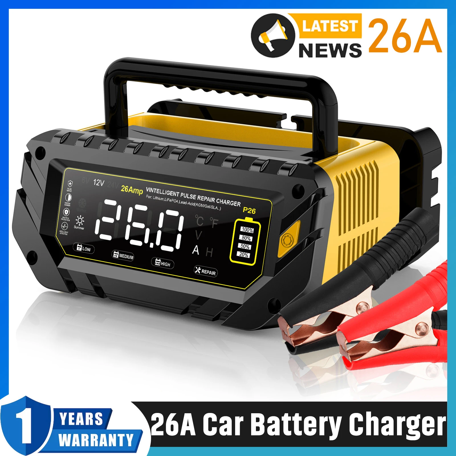 6V/12V/24V 26A Car Battery Charger for Auto Moto Lithium LiFePO4 Lead-acid SLA Gel AGM Smart Battery ChargeRepair Maintainer
6V/12V/24V 26A Car Battery Charger for Auto Moto Lithium LiFePO4 Lead-acid SLA Gel AGM Smart Battery ChargeRepair Maintainer