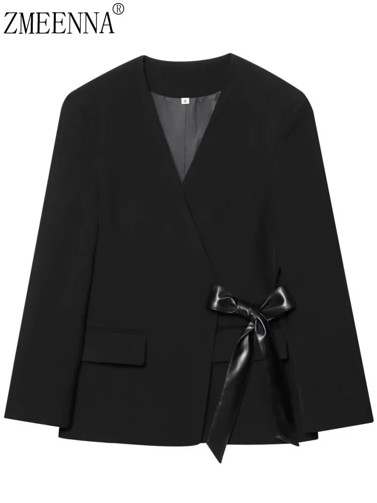 ZMEENNA женский черный пиджак с запахом, куртка с v-образным вырезом и длинными рукавами, галстуком-бабочкой спереди, модная верхняя одежда больших размеров ZM4198 
ZMEENNA женский черный пиджак с запахом, куртка с v-образным вырезом и длинными рукавами, галстуком-бабочкой спереди, модная верхняя одежда больших размеров ZM4198