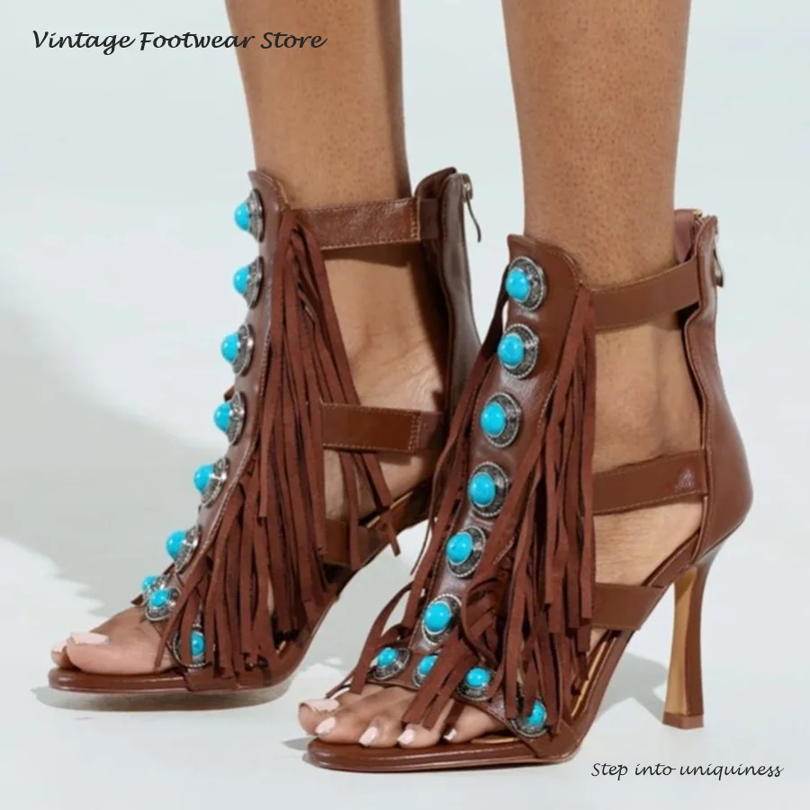 Gladiator Gemstone Embellished Sandals Fringe Trimmed Round Open Toe Thin High Heels Summer Ankle Strap Women's Stiletto Shoes
Gladiator Gemstone Embellished Sandals Fringe Trimmed Round Open Toe Thin High Heels Summer Ankle Strap Women's Stiletto Shoes