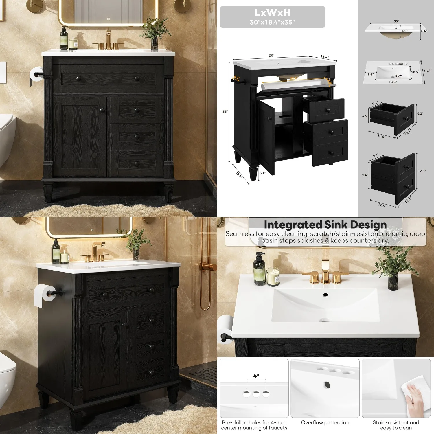 30in Bathroom Vanity Sink Towel Holder Adjustable Legs Tip-Out Drawer 2 Drawers Shelf Black, Customized
30in Bathroom Vanity Sink Towel Holder Adjustable Legs Tip-Out Drawer 2 Drawers Shelf Black, Customized