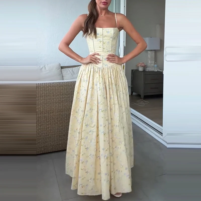 Summer High Waist Slim Garden Party Dress Temperament Women's Swing Dress Elegant Spaghetti Strap Floral Printed Pleated Dress
Summer High Waist Slim Garden Party Dress Temperament Women's Swing Dress Elegant Spaghetti Strap Floral Printed Pleated Dress