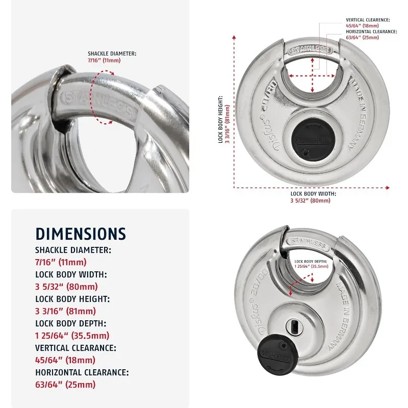 Diskus 20/80 Heavy Duty Stainless Steel Disk Padlock - Rustproof Circle Storage Lock with 7/16"
Diskus 20/80 Heavy Duty Stainless Steel Disk Padlock - Rustproof Circle Storage Lock with 7/16"