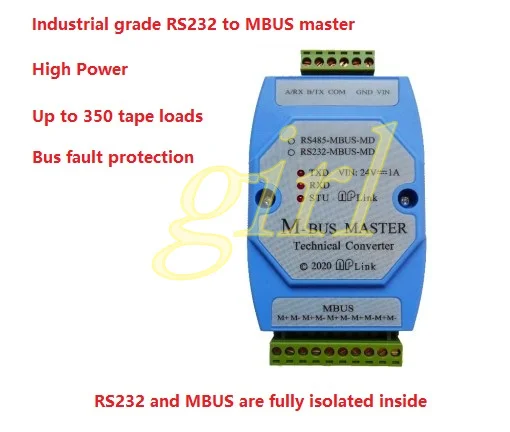 Industrial grade isolated RS232 to MBUS master, fully isolated, wide voltage power supply 350 load MBUS concentrator
Industrial grade isolated RS232 to MBUS master, fully isolated, wide voltage power supply 350 load MBUS concentrator