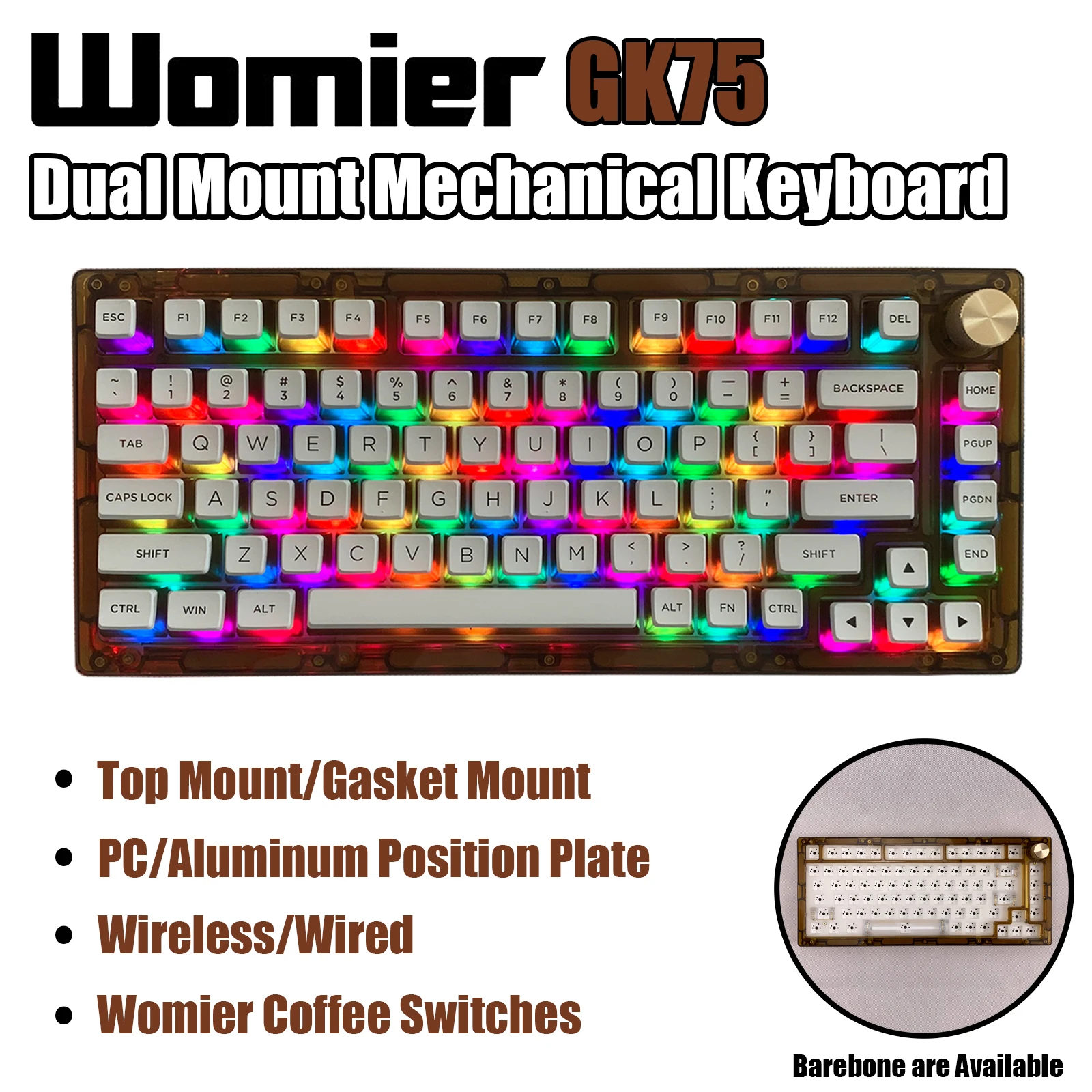 Womier G75 Mechanical Keyboard RGB Hotswappable Coffee Switches Top Gasket Dual Mount Transparent Case Knob Gaming PC Laptop
Womier G75 Mechanical Keyboard RGB Hotswappable Coffee Switches Top Gasket Dual Mount Transparent Case Knob Gaming PC Laptop