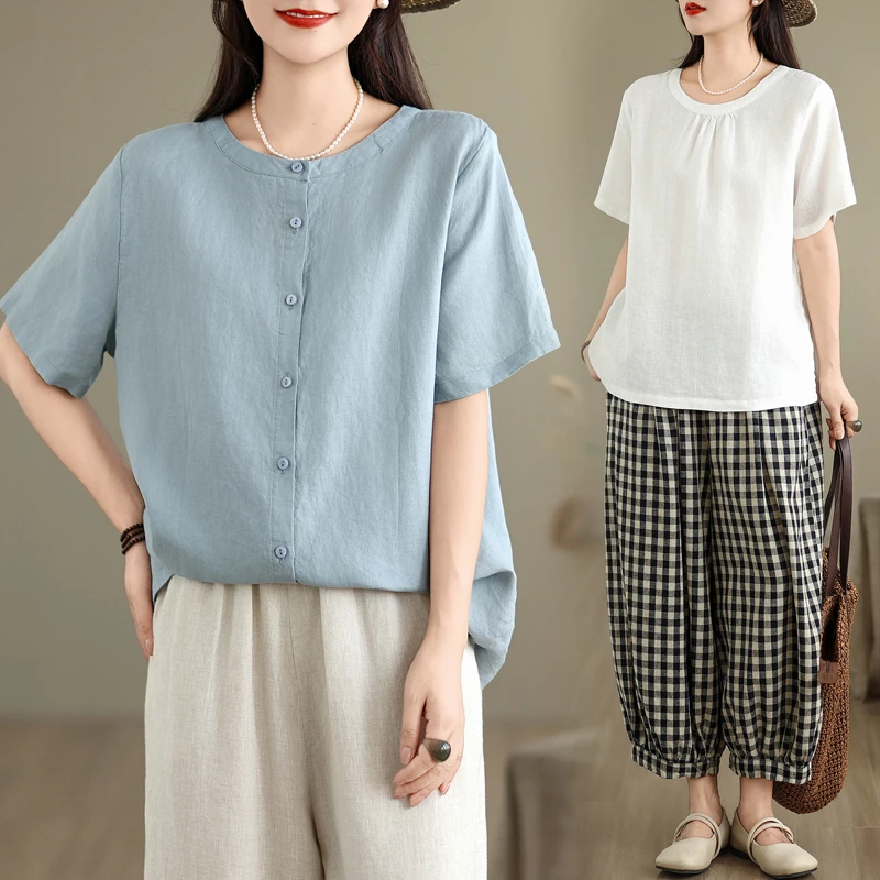 Women's New Cotton Linen Summer Retro Short-sleeved Shirt Single-breasted Cardigan Tops Tees
Women's New Cotton Linen Summer Retro Short-sleeved Shirt Single-breasted Cardigan Tops Tees
