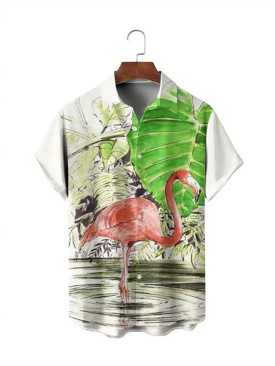 Mens Hawaiian Shirt With Coral Flamingo And Tropical Leaves Print
Mens Hawaiian Shirt With Coral Flamingo And Tropical Leaves Print