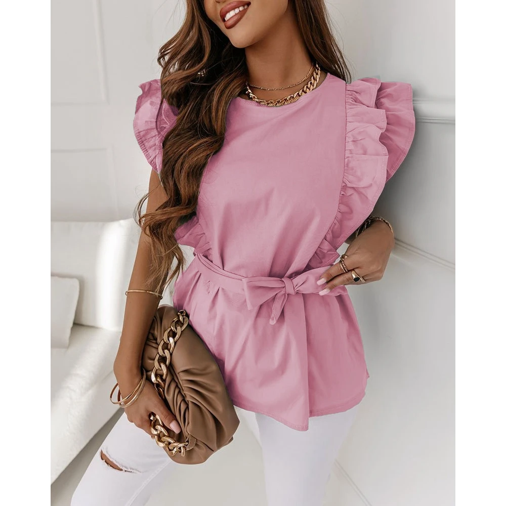 Fashion Women Ruffle Sleeve Round Neck Top With Belt Ruffles Round Neck Short Sleeve Blouse Casual Tops Spring T Shirts
Fashion Women Ruffle Sleeve Round Neck Top With Belt Ruffles Round Neck Short Sleeve Blouse Casual Tops Spring T Shirts