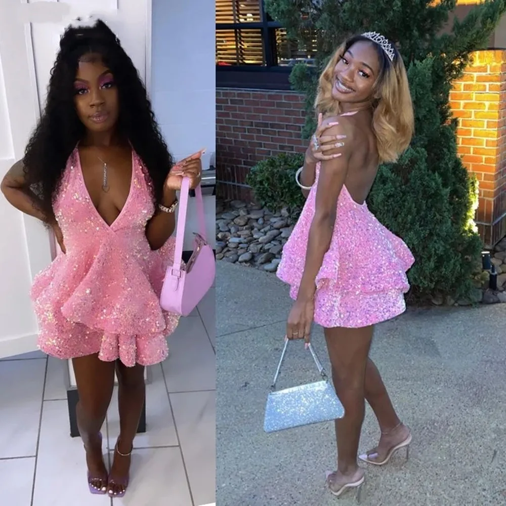 Sweet Pink Sequins Homecoming Dresses Halter Neck Backless Mini Length Short Party Gowns Tiered Skirt Black Coocktail Maxi Midi
Sweet Pink Sequins Homecoming Dresses Halter Neck Backless Mini Length Short Party Gowns Tiered Skirt Black Coocktail Maxi Midi