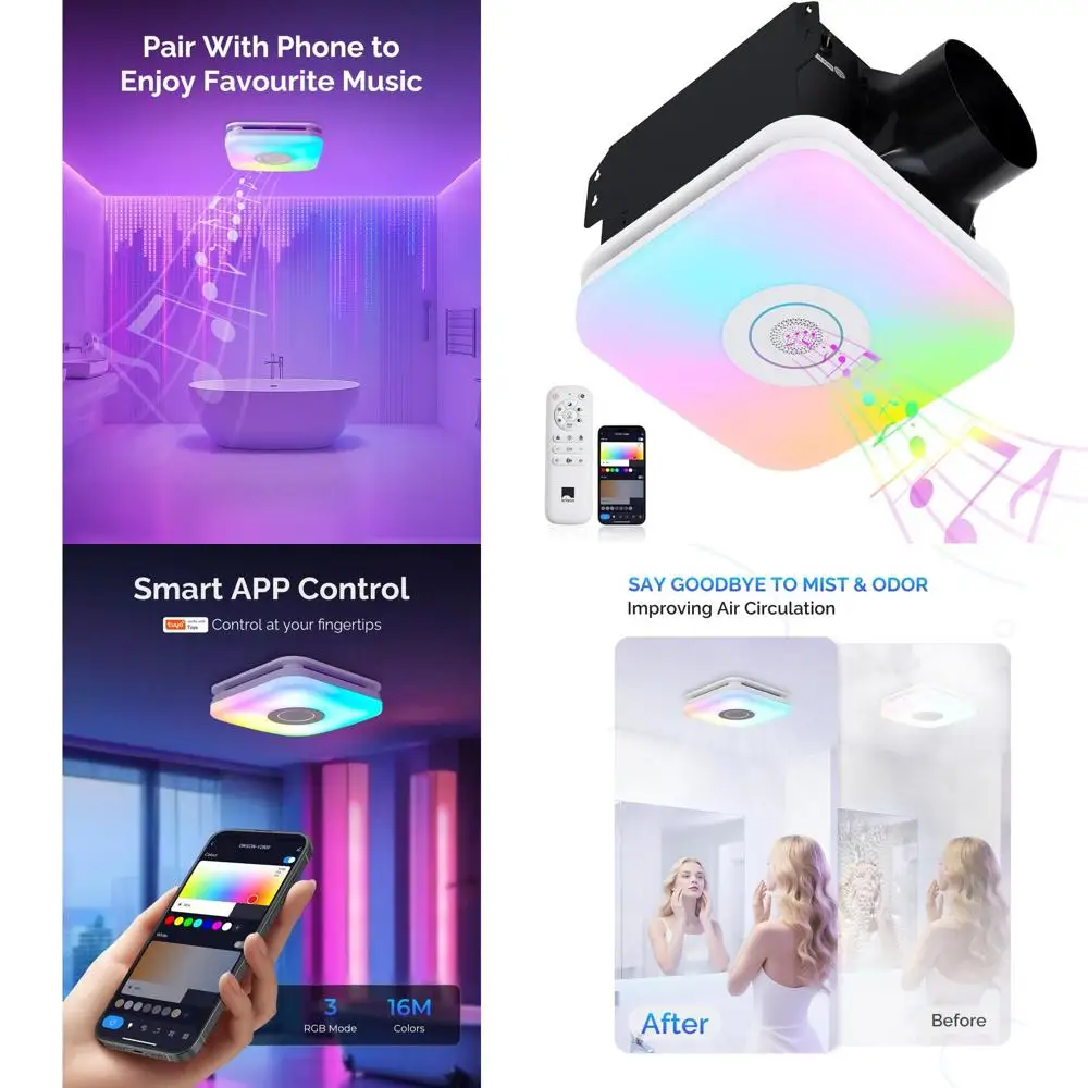 Bluetooth Speaker Bathroom Exhaust Fan with 3-Color Temperature Light, RGB Music Sync, Nightlight, Remote Control, Easy Install
Bluetooth Speaker Bathroom Exhaust Fan with 3-Color Temperature Light, RGB Music Sync, Nightlight, Remote Control, Easy Install
