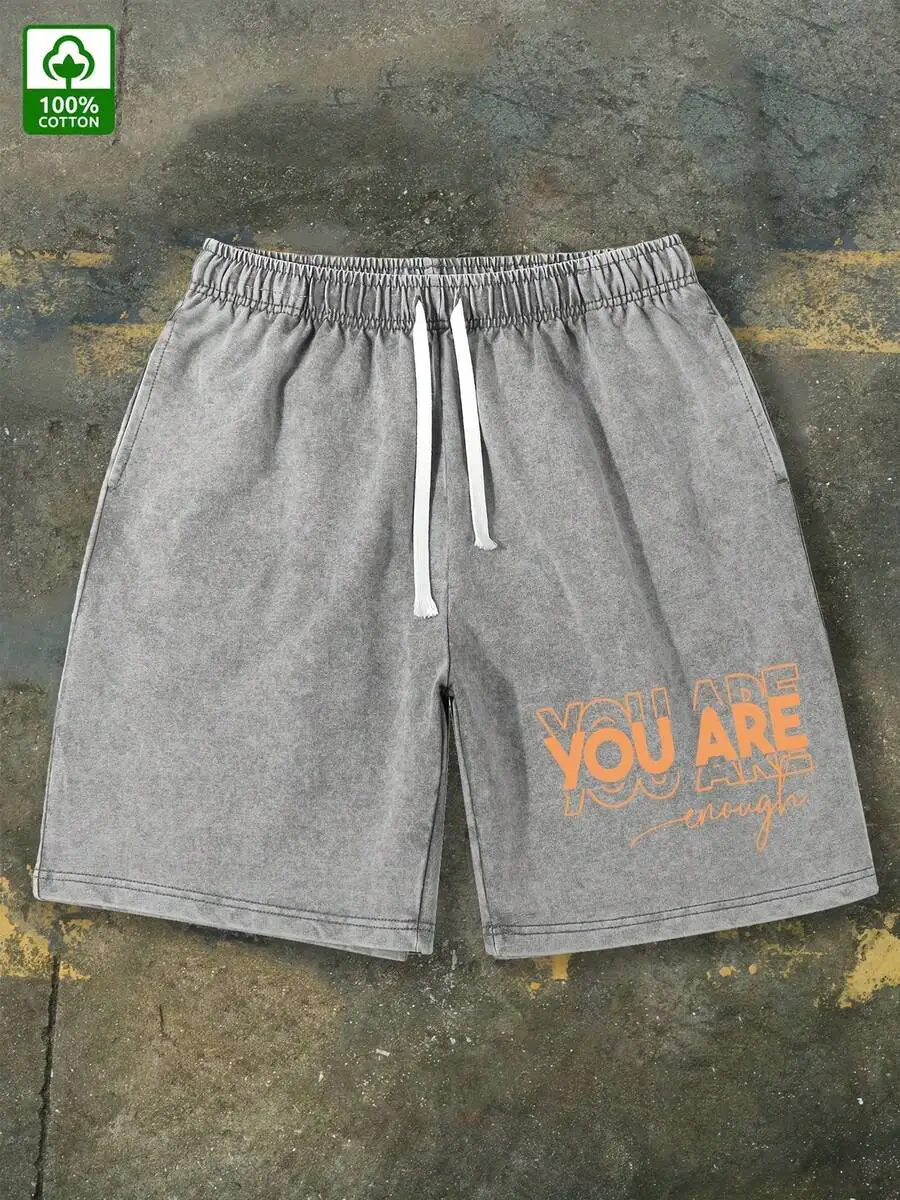 Men's Vintage I Am Enough Shorts - Bold Orange Motivational Lettering & Distressed Washed Cotton - Loose Mid-Waist
Men's Vintage I Am Enough Shorts - Bold Orange Motivational Lettering & Distressed Washed Cotton - Loose Mid-Waist