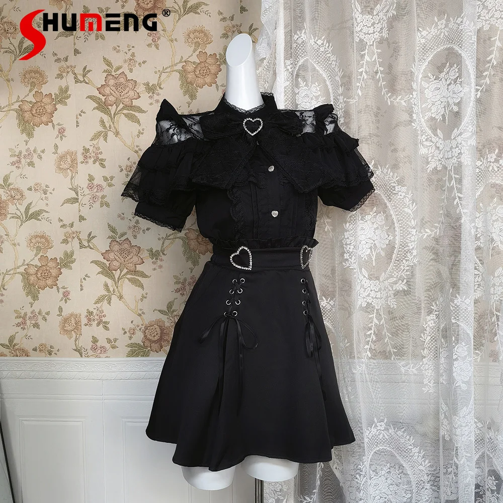 Japanese Mine Style Shirts Gothic Subculture Lace Spliced Single-breasted Top High Waist Lace-up Short Skirt Two-piece Set Women
Japanese Mine Style Shirts Gothic Subculture Lace Spliced Single-breasted Top High Waist Lace-up Short Skirt Two-piece Set Women