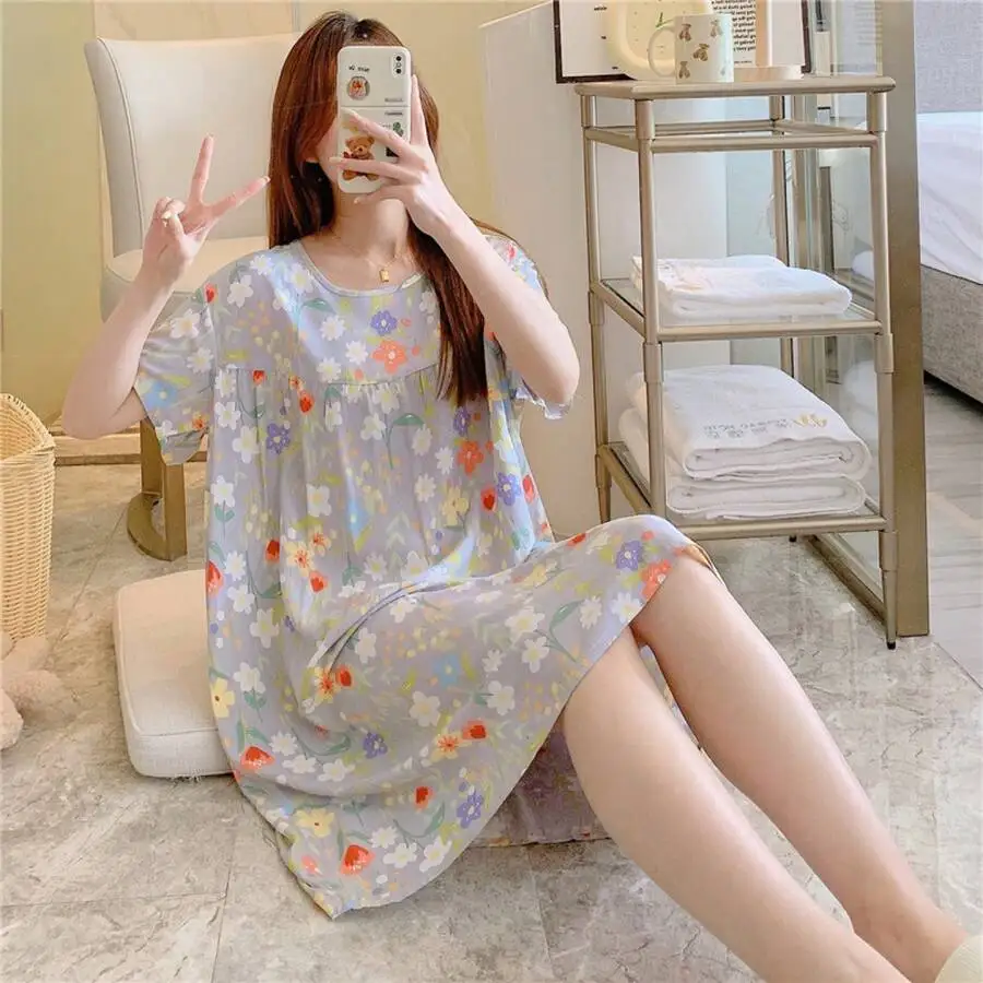 Womens Rayon Cotton Silk Nightgown, Loose Short Sleeve Floral Print Sleepwear, Breathable Home Dress
Womens Rayon Cotton Silk Nightgown, Loose Short Sleeve Floral Print Sleepwear, Breathable Home Dress