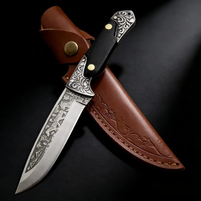 Fixed Blade Knife Ebony Wood Handle Engraved Blade Engraved Leather Sheath Outdoor Camping Hunting EDC Utility Collectible Knife
Fixed Blade Knife Ebony Wood Handle Engraved Blade Engraved Leather Sheath Outdoor Camping Hunting EDC Utility Collectible Knife