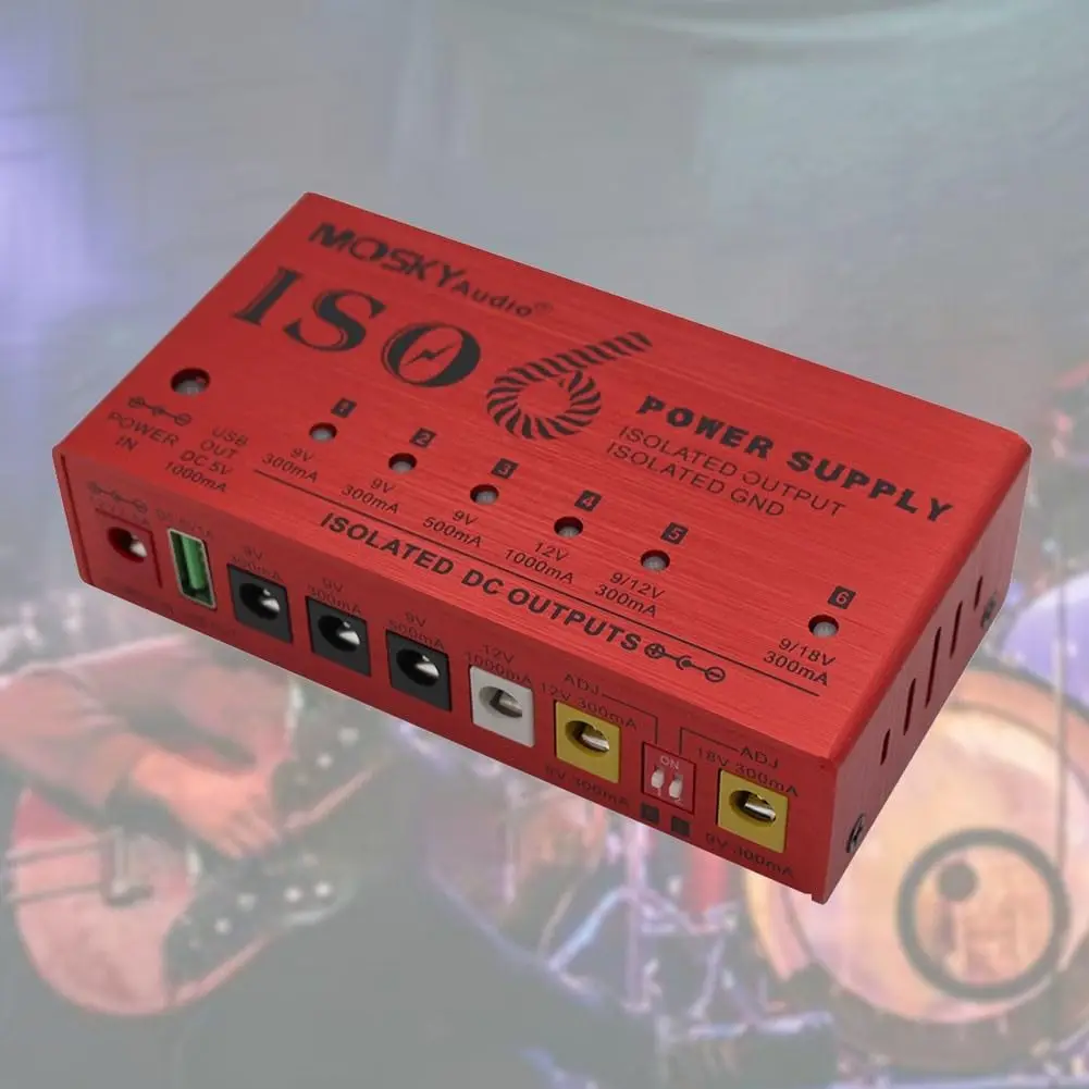 Mosky ISO-6 Pedal Power Supply 6 Isolated 300mA Outputs 9V/12V/18V Switchable 5V USB Short Circuit Protection for Guitarist
Mosky ISO-6 Pedal Power Supply 6 Isolated 300mA Outputs 9V/12V/18V Switchable 5V USB Short Circuit Protection for Guitarist