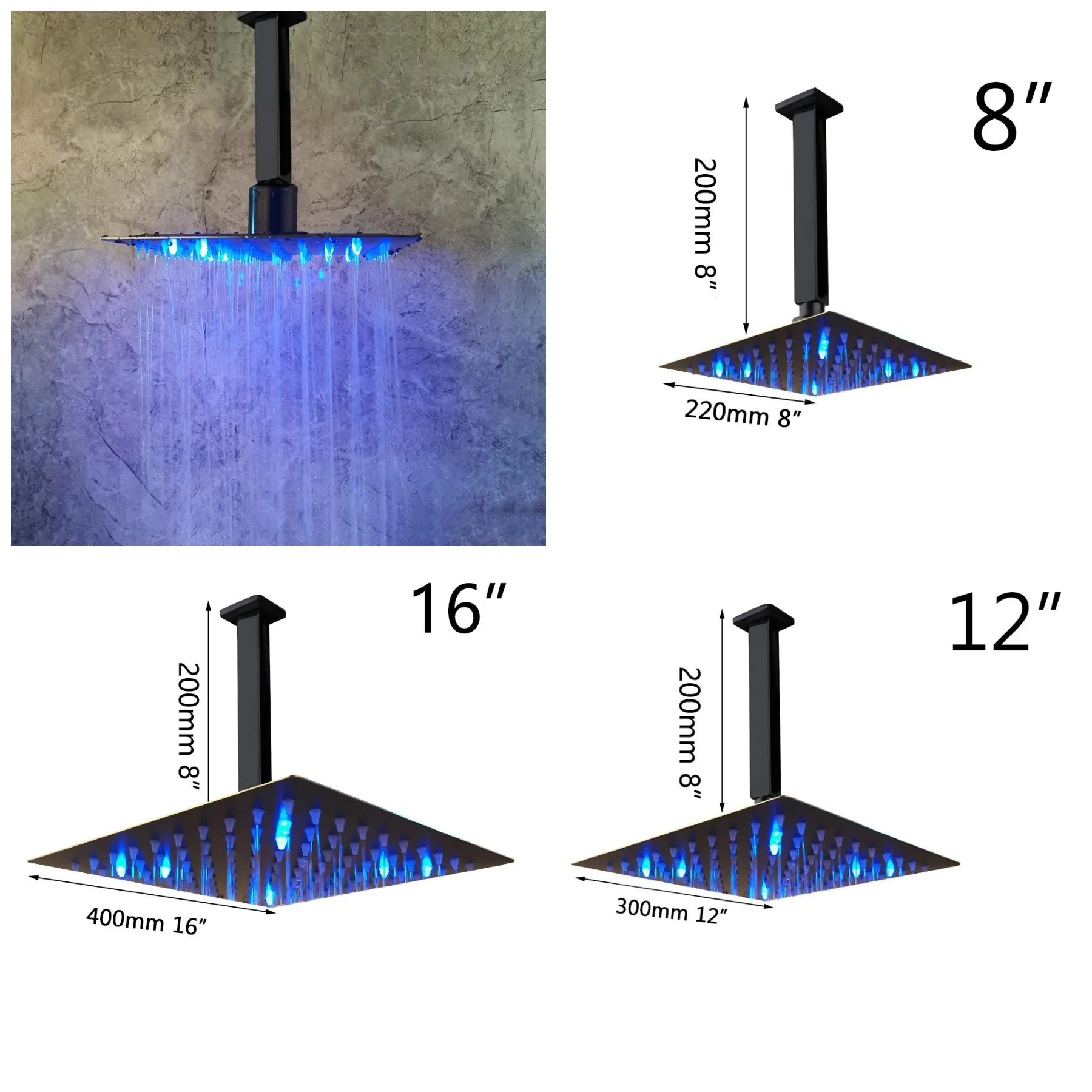 12/10/8 Inch LED Rainfall Shower Head Stainless Steel Ultra-thin Shower Heads Matte Black Finish Round & Square Rain Shower
12/10/8 Inch LED Rainfall Shower Head Stainless Steel Ultra-thin Shower Heads Matte Black Finish Round & Square Rain Shower