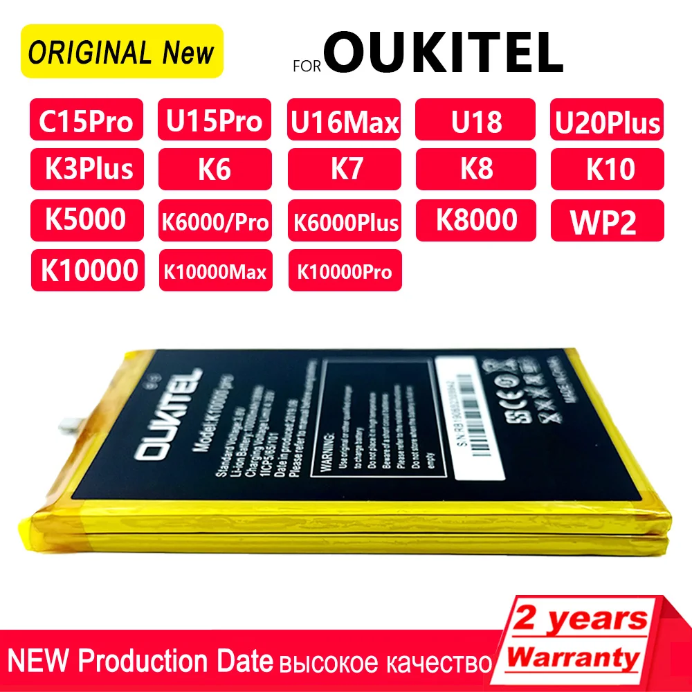 Genuine For Oukitel S73 WP5/K3 Plus/K6/K7/K10/K5000/K6000/K10000/K10000 Max/K10000 Pro/U16 U18 WP2 U20 Plus Original Batteria
Genuine For Oukitel S73 WP5/K3 Plus/K6/K7/K10/K5000/K6000/K10000/K10000 Max/K10000 Pro/U16 U18 WP2 U20 Plus Original Batteria