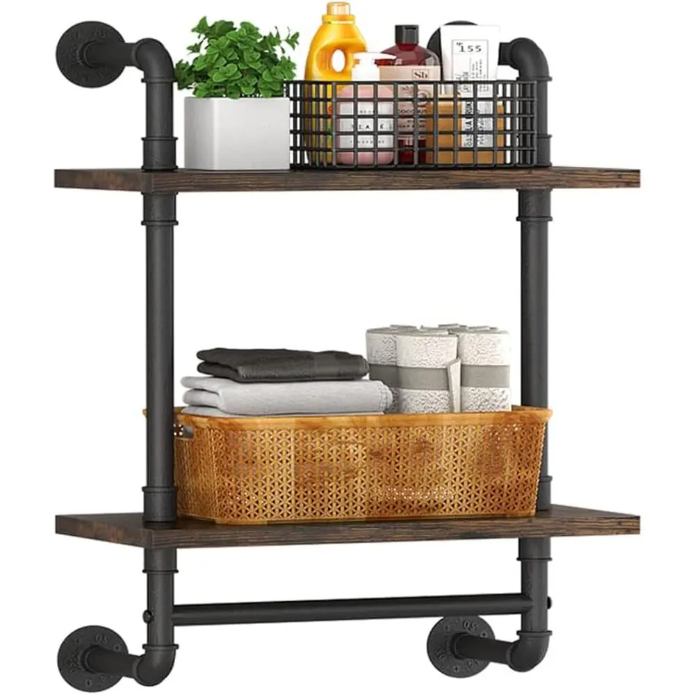 Industrial Pipe Floating Bathroom Shelves Wall Mounted with Towel Bar, 2 Tier Rustic Wood Wall Shel, 16inch Metal Towel Rack Sto
Industrial Pipe Floating Bathroom Shelves Wall Mounted with Towel Bar, 2 Tier Rustic Wood Wall Shel, 16inch Metal Towel Rack Sto