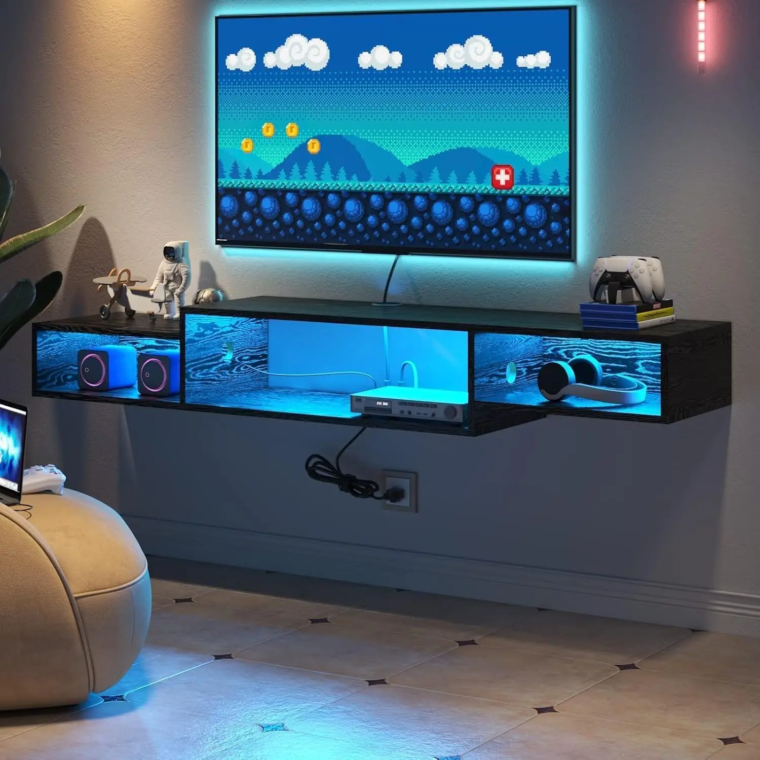 Floating TV Stand with LED Lights and Power Outlet, 59” Floating Entertainment Center Under TV, Floating TV Shelf Media Console
Floating TV Stand with LED Lights and Power Outlet, 59” Floating Entertainment Center Under TV, Floating TV Shelf Media Console