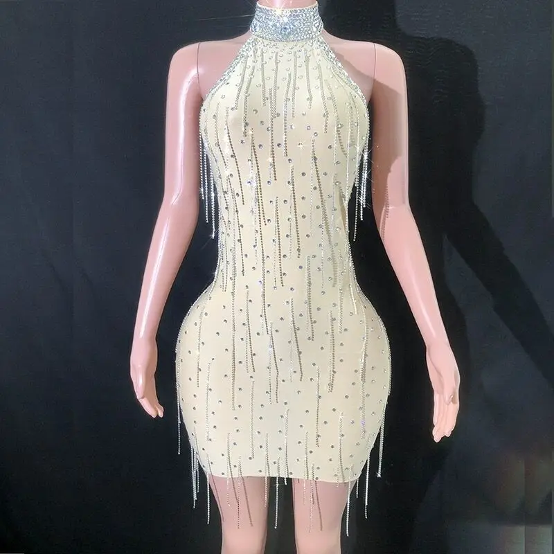 Shinning Tassels Beige Sexy Halter Backless Sheath Dress Nightclub Performance Custome Stage Wear Birthday Evening Party Dress
Shinning Tassels Beige Sexy Halter Backless Sheath Dress Nightclub Performance Custome Stage Wear Birthday Evening Party Dress