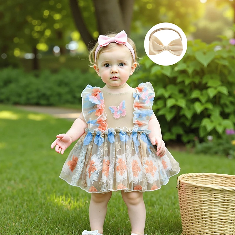 Baby Girls Summer Sweet Romper Dress Ruffled Fly Sleeves Round Neck Floral Embroidery Mesh Jumpsuit with Headband
Baby Girls Summer Sweet Romper Dress Ruffled Fly Sleeves Round Neck Floral Embroidery Mesh Jumpsuit with Headband