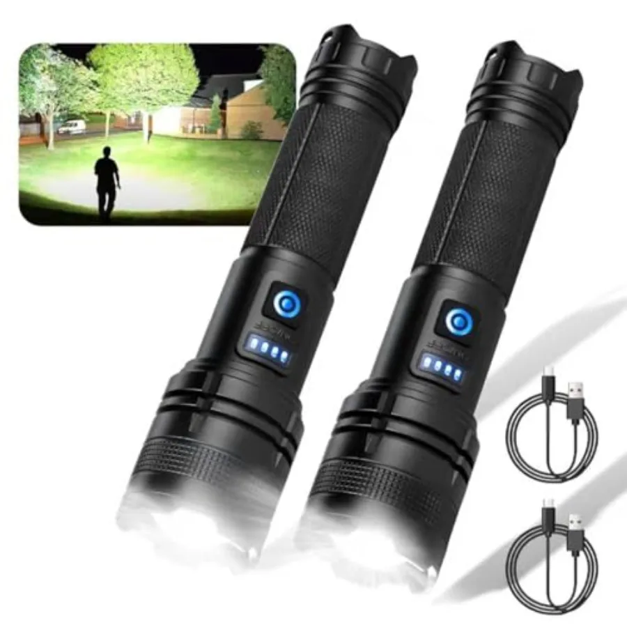 Rechargeable LED Flashlight 2-Pack, 90000 High Lumens Super Bright Handheld Flashlights, 5 Modes and Adjustable Focus, High Pow
Rechargeable LED Flashlight 2-Pack, 90000 High Lumens Super Bright Handheld Flashlights, 5 Modes and Adjustable Focus, High Pow