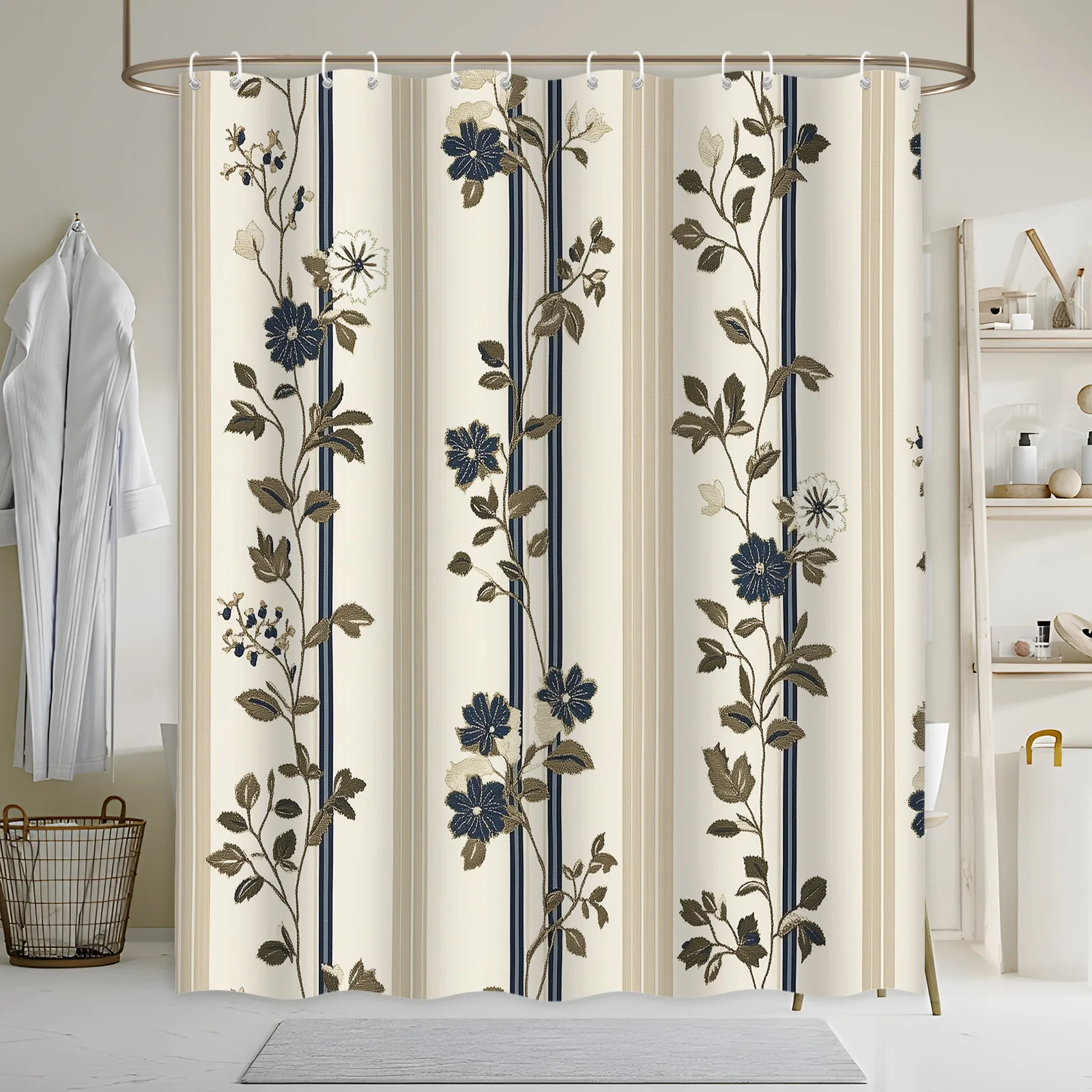 Elegant Floral Bath Curtain - Cream Vertical Stripes with Dark Blue & Beige Flowers, Vintage Wallpaper Design
Elegant Floral Bath Curtain - Cream Vertical Stripes with Dark Blue & Beige Flowers, Vintage Wallpaper Design