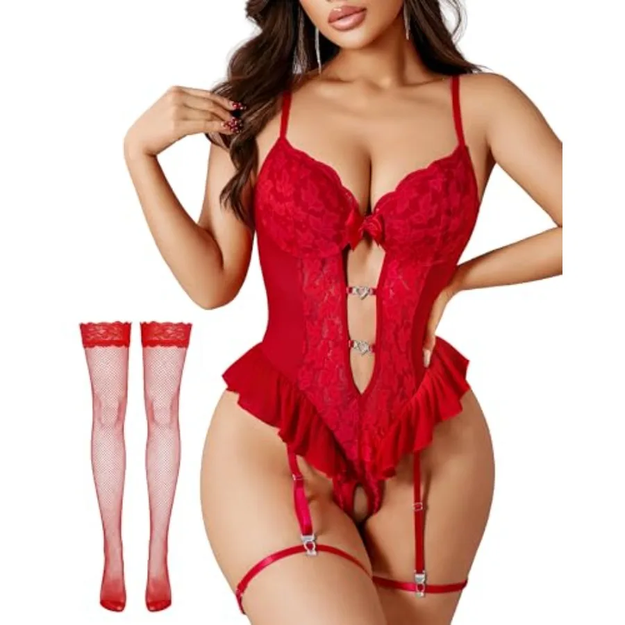 Sexy Lingerie for Women Lace Floral Teddy Bodysuit Deep V Underwire Babydoll with Garter Belt and Ruffled Hem
Sexy Lingerie for Women Lace Floral Teddy Bodysuit Deep V Underwire Babydoll with Garter Belt and Ruffled Hem