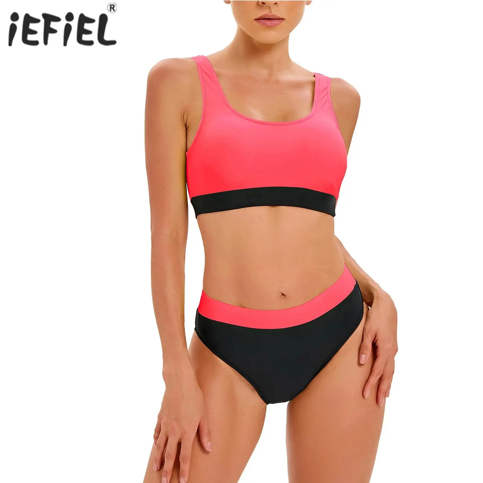 Womens 2-Piece Color Block Bikini Swimsuit Bathing Suit Athletic Swimwear U Neck Sleeveless Racerback Crop Top with Briefs Sets 
Womens 2-Piece Color Block Bikini Swimsuit Bathing Suit Athletic Swimwear U Neck Sleeveless Racerback Crop Top with Briefs Sets