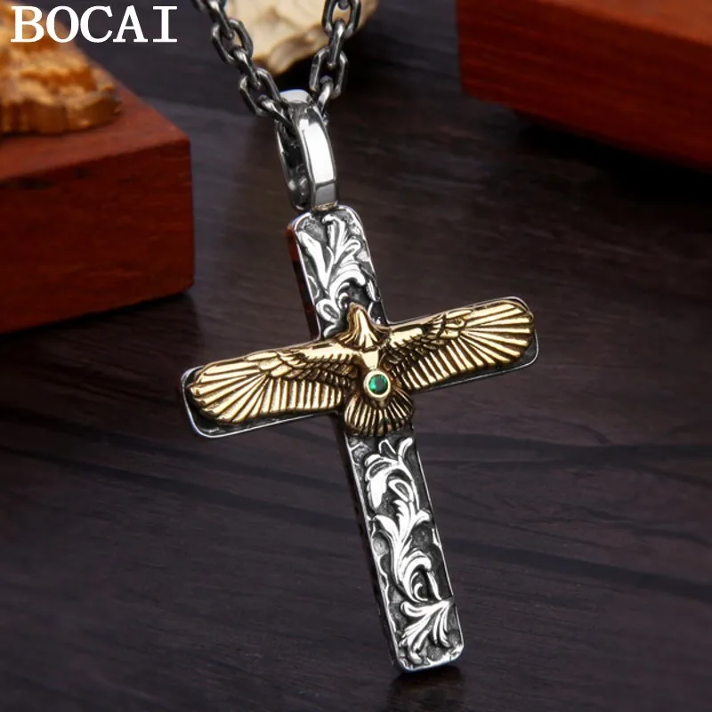 BOCAI New S925 Sterling Silver Retro Golden Eagle Set with Green Zircon Snap Open Tang Grass Pattern Cross Pendant Without Chain
BOCAI New S925 Sterling Silver Retro Golden Eagle Set with Green Zircon Snap Open Tang Grass Pattern Cross Pendant Without Chain