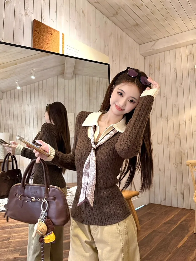 Color Blo Fake Two-Piece Sweater Women's Autumn Winter New Collar Slim Fit Inner Wear Coffee Long Sve Knitted Top
Color Blo Fake Two-Piece Sweater Women's Autumn Winter New Collar Slim Fit Inner Wear Coffee Long Sve Knitted Top