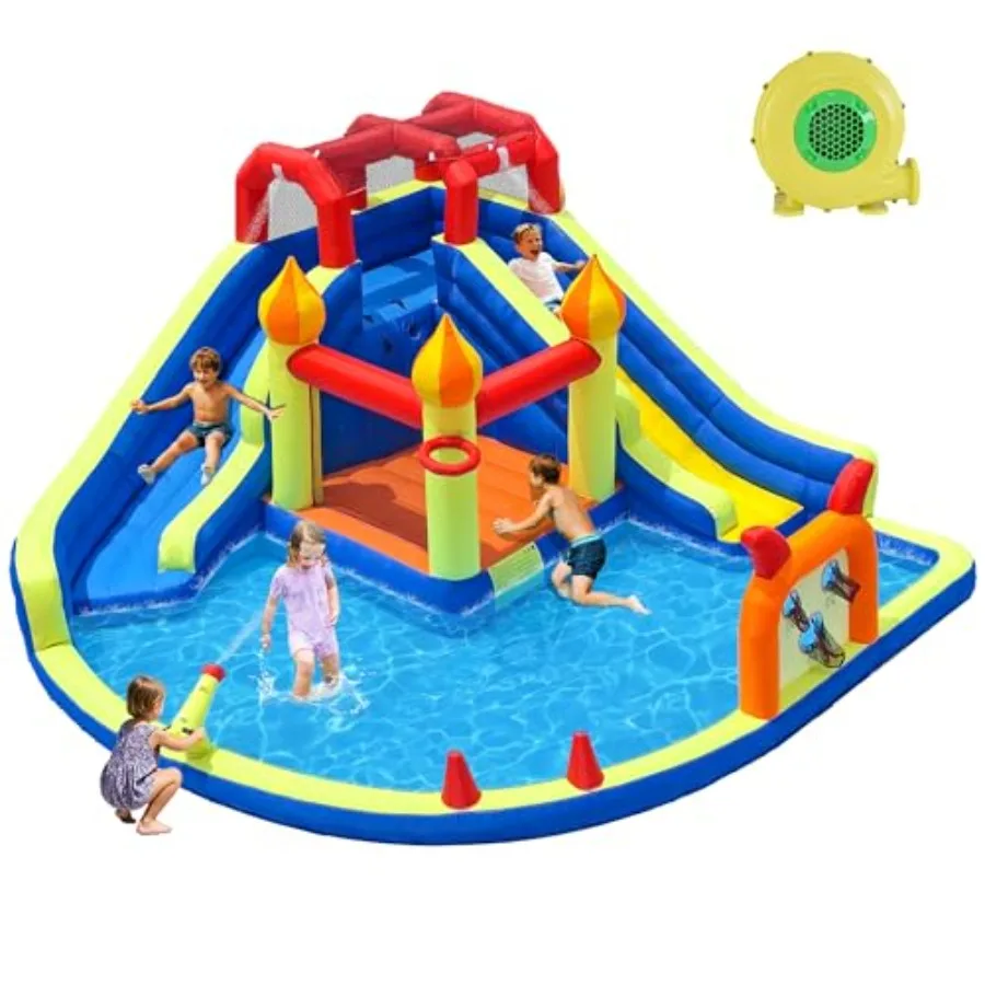 Backyard inflatable bounce house with dual long water slides, PVC material, blue and yellow, includes 550W blower for quick inf
Backyard inflatable bounce house with dual long water slides, PVC material, blue and yellow, includes 550W blower for quick inf