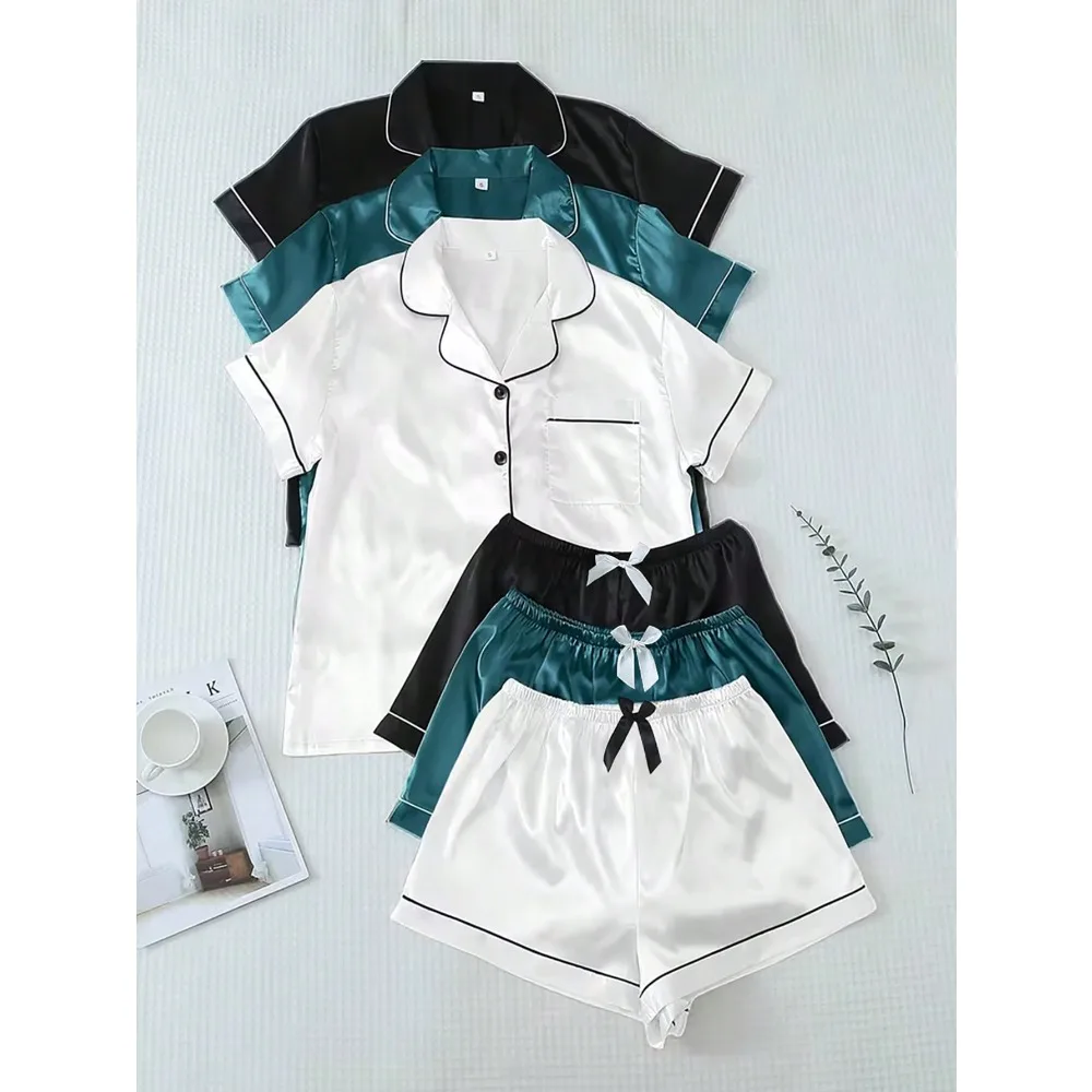 3pcs Solid Color Satin Pajamas Sets, Women's Loungewear Set With Short Sleeve Buttoned Collar Top And Bowknot Shorts, Satin Pajama Set For Women, Suitable For Home Use, Casual Everyday Indoor & Outdoor Wear
3pcs Solid Color Satin Pajamas Sets, Women's Loungewear Set With Short Sleeve Buttoned Collar Top And Bowknot Shorts, Satin Pajama Set For Women, Suitable For Home Use, Casual Everyday Indoor & Outdoor Wear