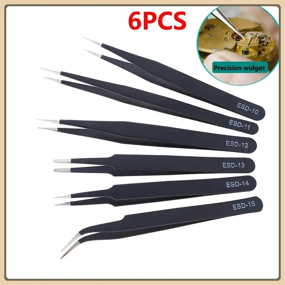 6Pcs Anti-static ESD Stainless Steel Tweezers Maintenance Tool Industrial Precision Curved Straight Tweezers Repair Tools Set
6Pcs Anti-static ESD Stainless Steel Tweezers Maintenance Tool Industrial Precision Curved Straight Tweezers Repair Tools Set