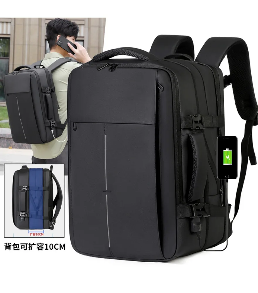 Black expandable travel backpack multi compartment design adjustable compression straps vertical center line detail water
Black expandable travel backpack multi compartment design adjustable compression straps vertical center line detail water